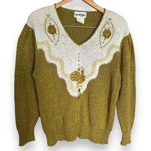 Vintage 80s Lara Ferrante Knit V-Neck Embellished Sweater Yellow Gold Size M